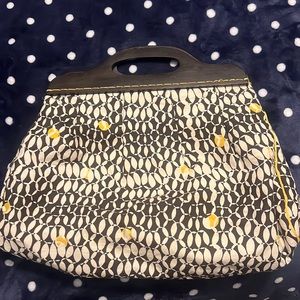 Icora canvas bag w/ wooden handles oversized maxi clutch indie boho brown yellow